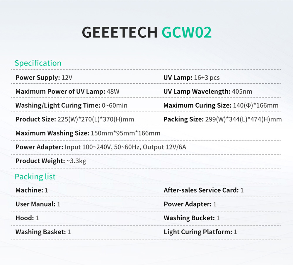 geeetech gcw02 wash and cure machine specifications geeetech gcw02 wash and cure machine specifications