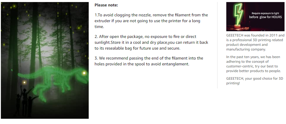 Geeetech Luminous Green PLA 1.75mm Glow in the Dark note Geeetech Luminous Green PLA 1.75mm Glow in the Dark note