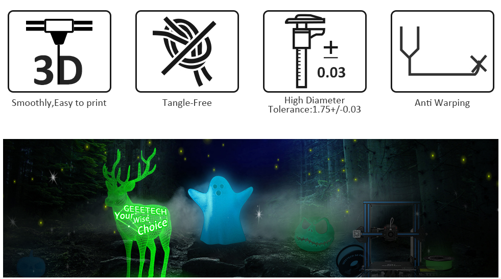 Geeetech Luminous Green PLA 1.75mm Glow in the Dark advantage Geeetech Luminous Green PLA 1.75mm Glow in the Dark advantage