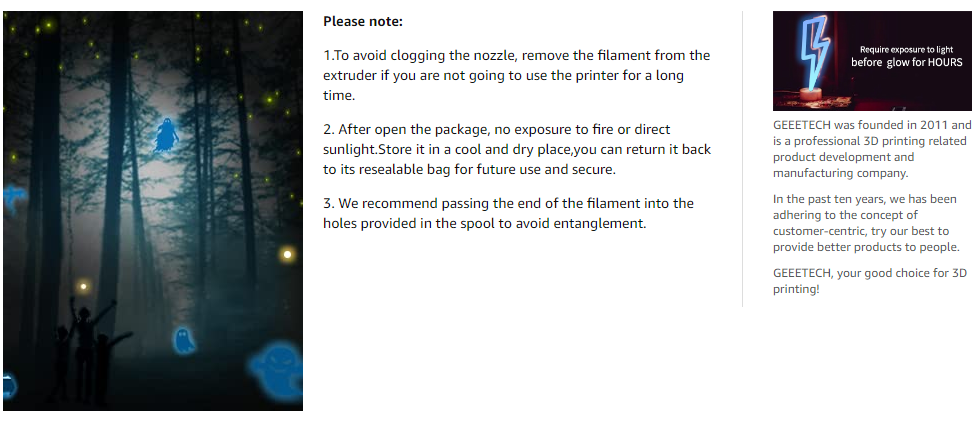Geeetech Luminous Blue PLA 1.75mm Glow in the Dark note
