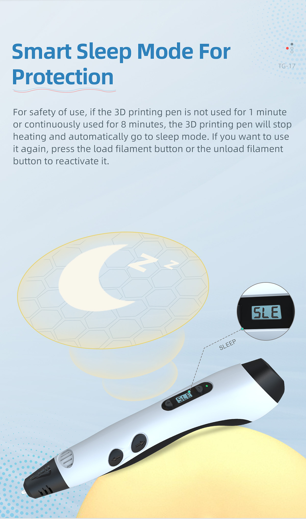 TG-17 3D Printing Pen description of smart sleep mode for protection TG-17 3D Printing Pen description of smart sleep mode for protection