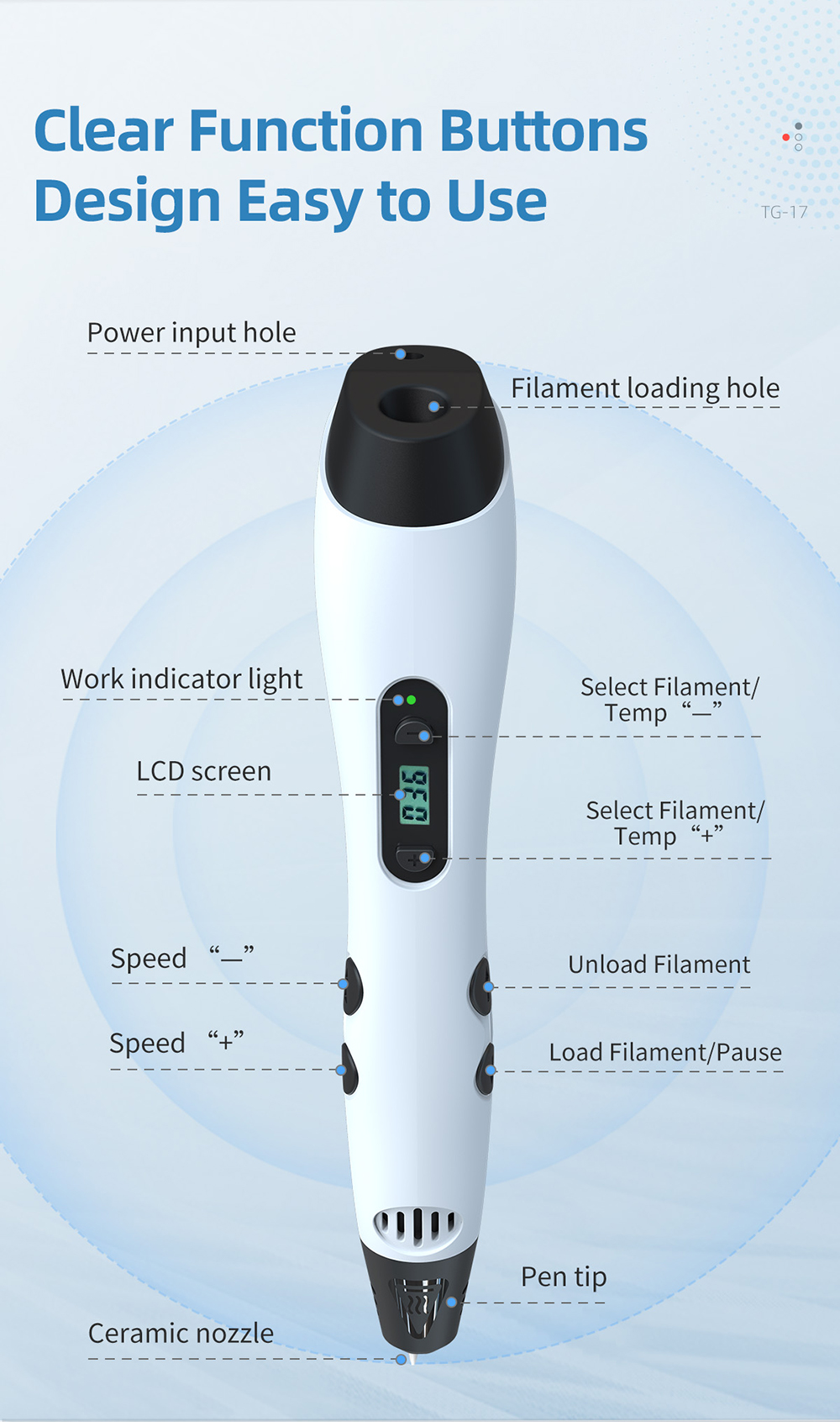 geeetech UK Plug TG-17 3D Printing Pen description of clear function buttons design easy to use geeetech UK Plug TG-17 3D Printing Pen description of clear function buttons design easy to use
