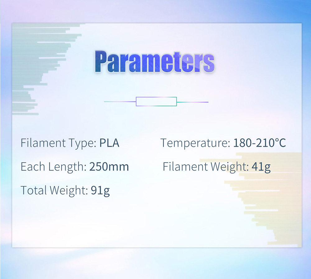 geeetech 3D Pen Filament 1.75mm PLA Green, Length 250mm x 50pcs description of  parameters